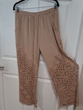 Neutral Crochet Panel Wide-Leg Pants